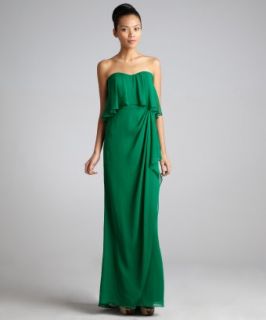 Badgley Mischka emerald tiered silk strapless gown   