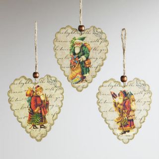 Wood Heart with Old World Santa Print Ornaments, Set of 3  World 