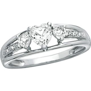 Heart Shaped White Topaz 3 Stone and Diamond Accent Ring in Sterling 