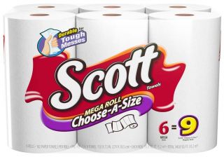 Scott Choose a Size Mega Roll, 1 Ply, White, 6pk   