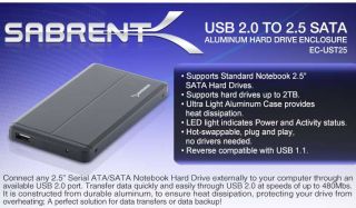 Sabrent EC UST25 Hard Drive Enclosure   2.5 SATA to USB 2.0 Item 