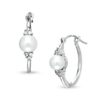 Cultured Freshwater Pearl and Diamond Accent Hoop Earrings in 14K 