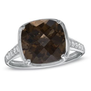 Cushion Cut Smoky Quartz and Lab Created White Sapphire Ring in 14K 