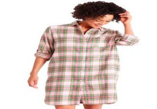 Plus Size Sleepshirt in plaid flannel with button front  Plus Size 