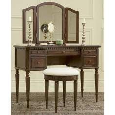 Warm Cherry Vanity with Mirror and Upholstered Stool