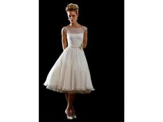 Bateau Tea Length Satin/Georgette Wedding Dress   size 8