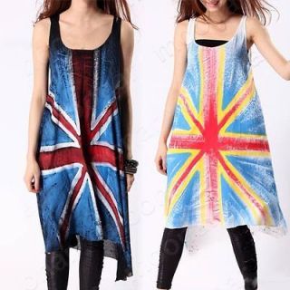 Fashion Women Asymmetric Union Jack Flag Long Dress Tank Vest Tops 