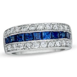 Princess Cut Sapphire and 3/4 CT. T.W. Diamond Band in Platinum   View 