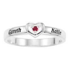 Couples Simulated Birthstone Heart Ring in Sterling Silver (2 Names 
