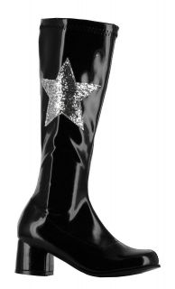 Kids Retro 70s Girls Glitter Star Black Patent Go Go Boots