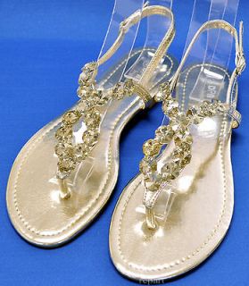 New womens sandals shoes t strap open toe rhinestones light gold