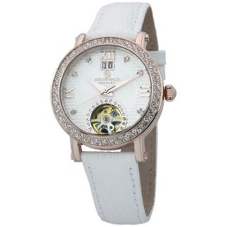 Reichenbach Ladies White/Rose Gold Crystal Leather Strap Watch