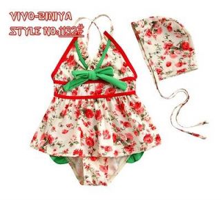 Trendy Red Floral Print One Piece Tankini Girls Swimwear Dress Set 4 9 