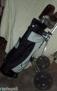 FULL SET GOLF CLUBS   GOLF BAG   PUSH OR PULL ROLLING CART   VERY GOOD 
