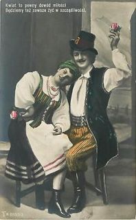 TINTED PHOTO COUPLE IN COSTUME FLOWER​S HAT VEST POL​AND K18575