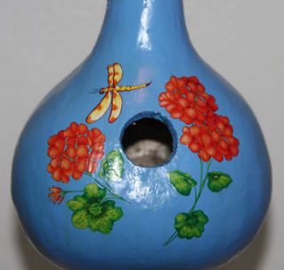 gourd birdhouse with geraniums and dragonfly