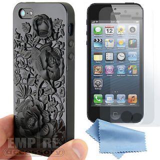 3D Flower Floral Rose Black TPU Gel Case w/ Screen Guards For iPhone 5 