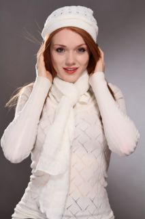 White Knitted Ruched Center Small Trimmed Beanie Matching Scarf Set 
