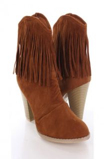 Home / Tan Faux Suede Fringe Trim Chunky Heel Ankle Booties