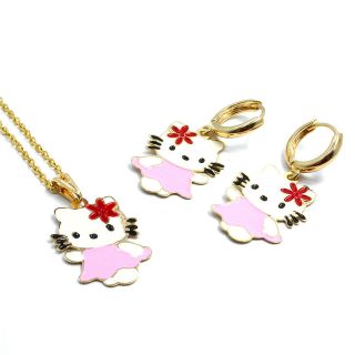 Set Gold 18k GF Flower Enamel Hello Kitty Girl Pendant Charm & Chain 
