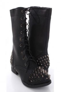 Black Faux Leather Spike Studded Combat Boots @ Amiclubwear Boots 
