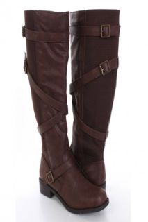 Dark Tan Faux Leather Elastic Strapped Riding Boots @ Amiclubwear 