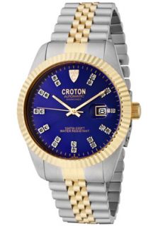 Mens Croton Automatic Diamond Blue Guilloche Dial Gold Tone Stainless 