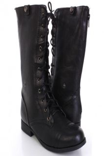 Black Faux Leather Lace Up Mid Calf Combat Boots @ Amiclubwear Boots 