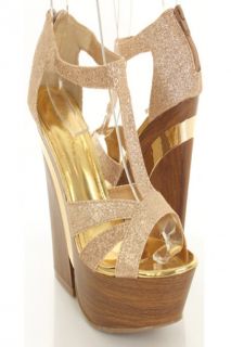 Gold Glitter Cut Out Strappy Open Toe Faux Wooden Chunky Heels 