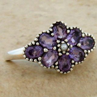 NATURAL AMETHYST PEARL ANTIQUE VICTORIAN STYLE .925 SILVER RING SIZE 5 