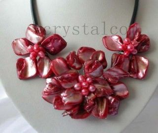Charming red shell flower cultured pearl Necklace leather