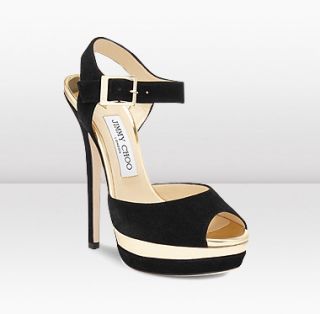 Jimmy Choo  Crumble  Black and Gold Suede and Mirror Leather Peep 