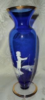Mary Gregory COBALT BLUE and GOLD GILDED GLASS VASE, 9.25 tall
