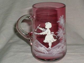 Vintage Mary Gregory Cranberry Art Glass Handled Mug