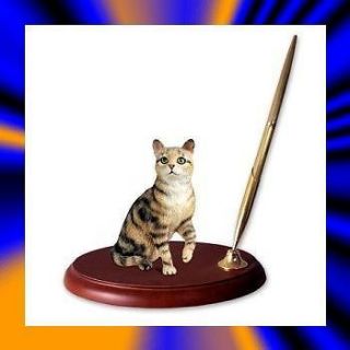 SHORTHAIR BROWN TABBY Cat Pen Set Kitty Statue Adorns Wooden Base w 