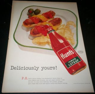 1953 Ad Hunts Tomato Catsup Ketchup Delicious Hotdogs Cheese Olives 