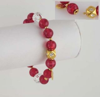   14KT Gold Ep POP Bead Red Stretch Bracelet w/ Genuine Hematite Beads