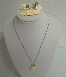 Vintage Faux Ivory Necklace, Earrings, Brooch Krementz