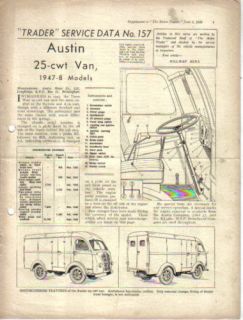 Austin 25 cwt Van Trader Service Data 1947 8 models