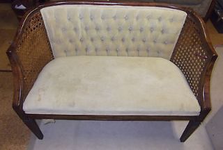 MID CENTURY SMALL SOFA LOVE SEAT CHAIR COUCH WOODEN CANE VELVET SETTEE 
