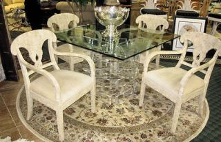 Set of 4 FOSSIL STONE Dining Arm Chairs w/ Lucite Dining Base & Glass 