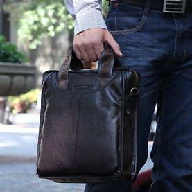 Mens genuine real leather tote shoulder bag handbag messenger BLACK
