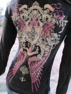 Vocal Black Crochet Wings Fleur De Lis Stones Top Shirt Western Bling 