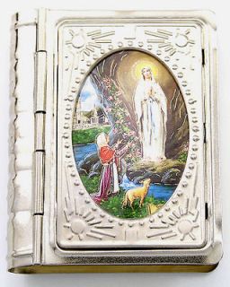 NEW OUR LADY OF LOURDES MINIATURE BOOK STYLE ROSARY KEEPSAKE METAL BOX