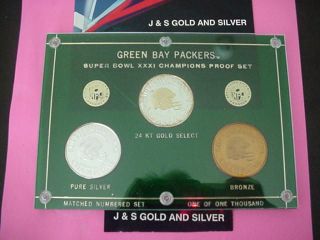 GREEN BAY PACKERS 3 OUNCES SILVER SUPER BOWL SET .999 FINE SILVER 