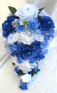   Cascade Bouquet Bridal Silk flowers ROYAL HYDRANGEAS WHITE BLUE 17pc