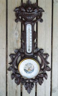 Black Forest Carved Walnut Barometer & Temperature Gauge Wall Mounted 