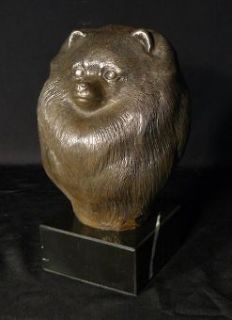Pomeranian on marble statue figurine sculpture head Cold Cast Bronze