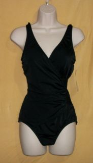Jantzen womens black wrap V tank top 1 pc swimsuit ruched stretch 