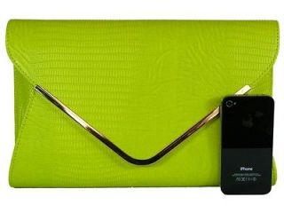 Large Lime Green Leather Style Snakeskin Clutch Bag Evening Bag Snake 